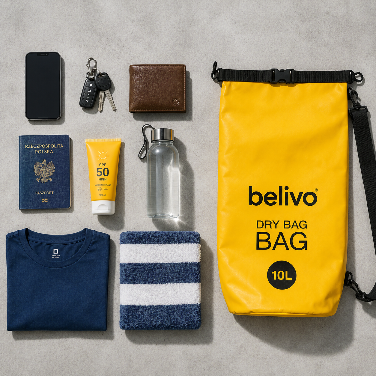 Dry Bag Belivo 10L – co zmieści: flat lay